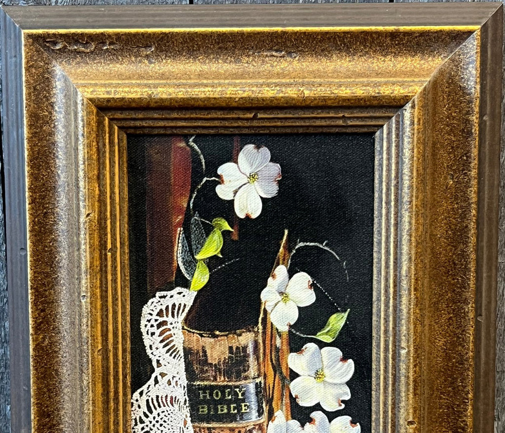 Vintage Harry Jarman Original Trompe L’oeil Still Life Oil Painting Of Holy Bible And Dogwoods