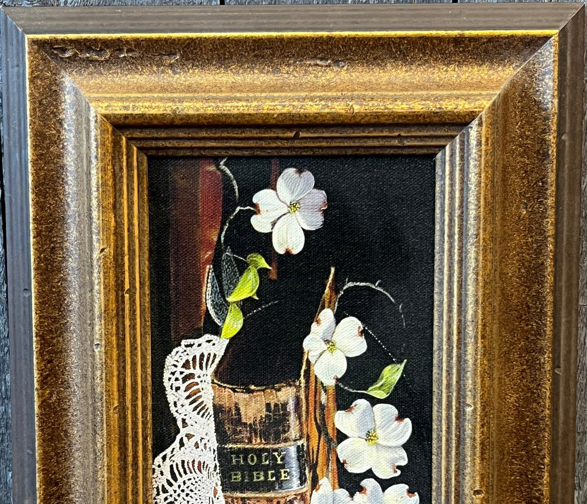 Vintage Harry Jarman Original Trompe L’oeil Still Life Oil Painting Of Holy Bible And Dogwoods