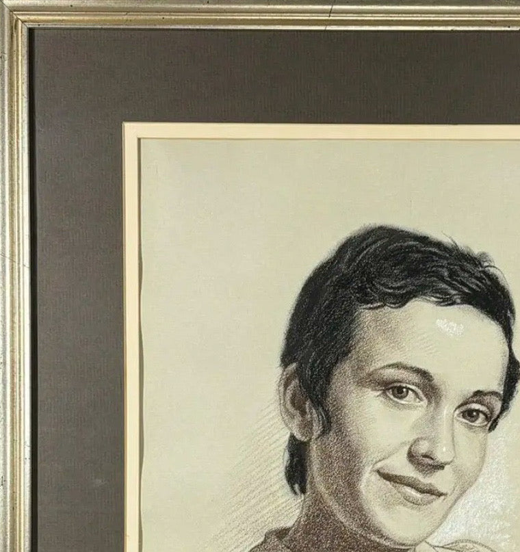Woodi Ishmael Signed 1971 Charcoal and Pastel Portrait of a Woman