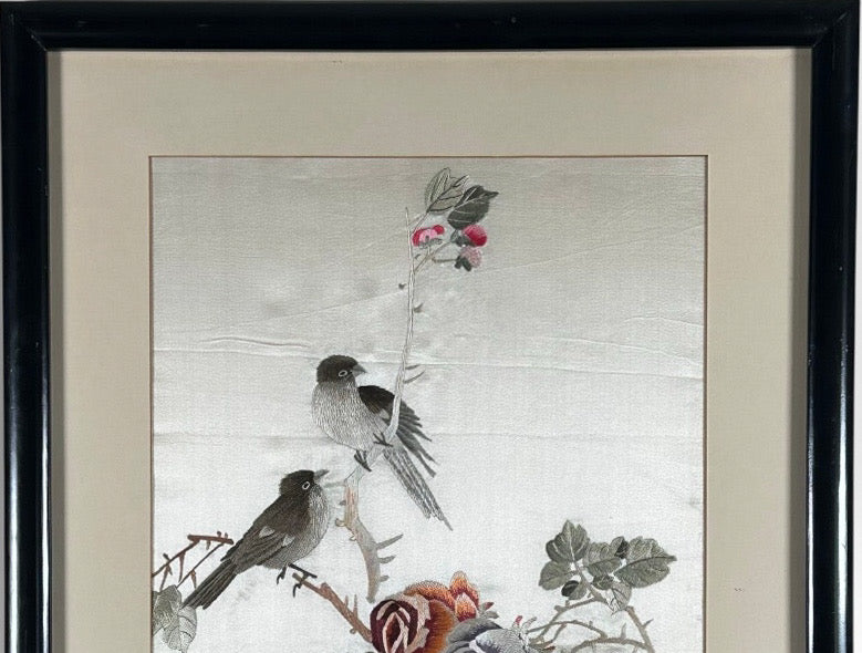 Vintage Framed Chinese Silk Embroidery Panels Birds and Flowers Huaniao Art Pair