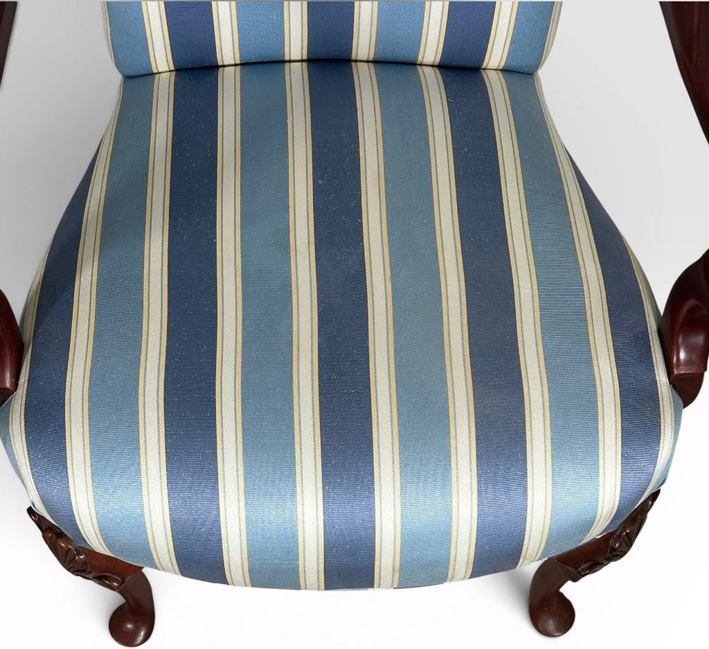 Pair of Vintage Upholstered Queen Anne Style Striped Armchairs With Shell Carving