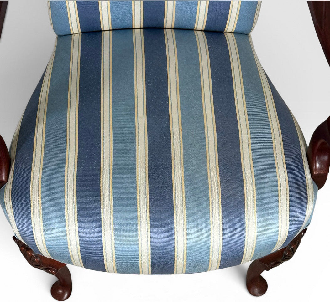 Pair of Vintage Upholstered Queen Anne Style Striped Armchairs With Shell Carving