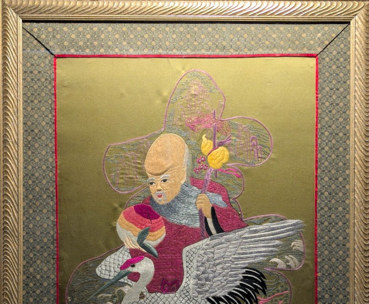 Large Vintage Chinese Silk Embroidery God Of Longevity Shou Lao On Crane