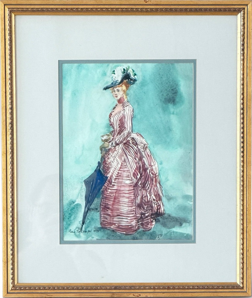 Vintage 1979 Watercolor Illustration of Victorian Woman Signed Mia Tschampel
