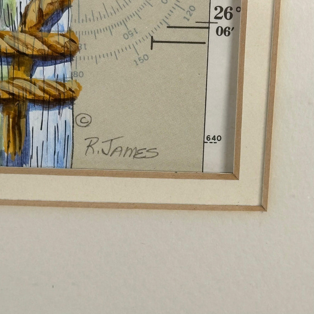 Vintage Ruth James Hand-Painted Pelican and Naples, Florida, Nautical Map Art
