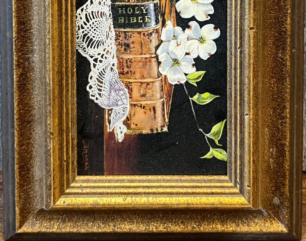 Vintage Harry Jarman Original Trompe L’oeil Still Life Oil Painting Of Holy Bible And Dogwoods