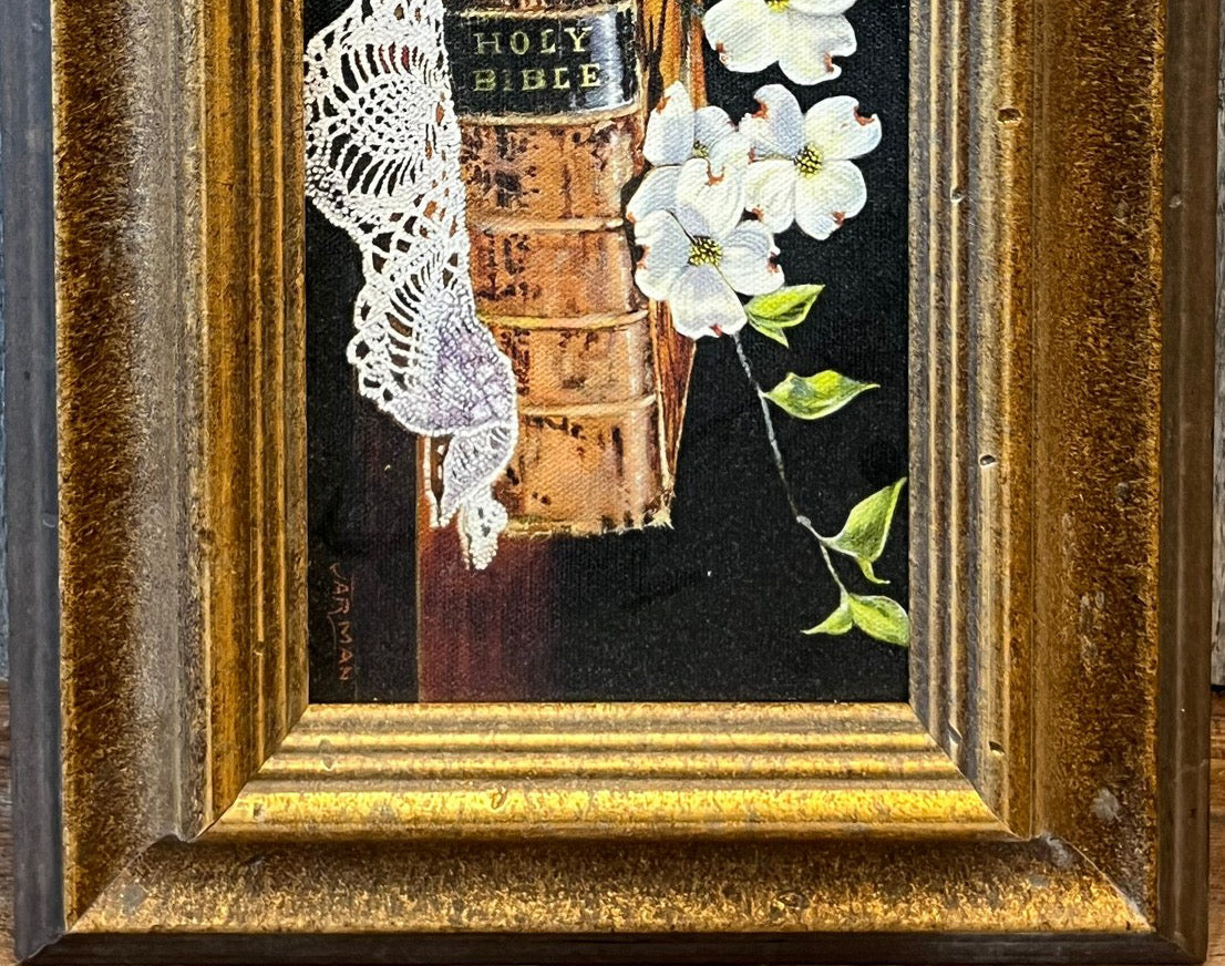 Vintage Harry Jarman Original Trompe L’oeil Still Life Oil Painting Of Holy Bible And Dogwoods