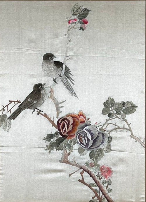 Vintage Framed Chinese Silk Embroidery Panels Birds and Flowers Huaniao Art Pair