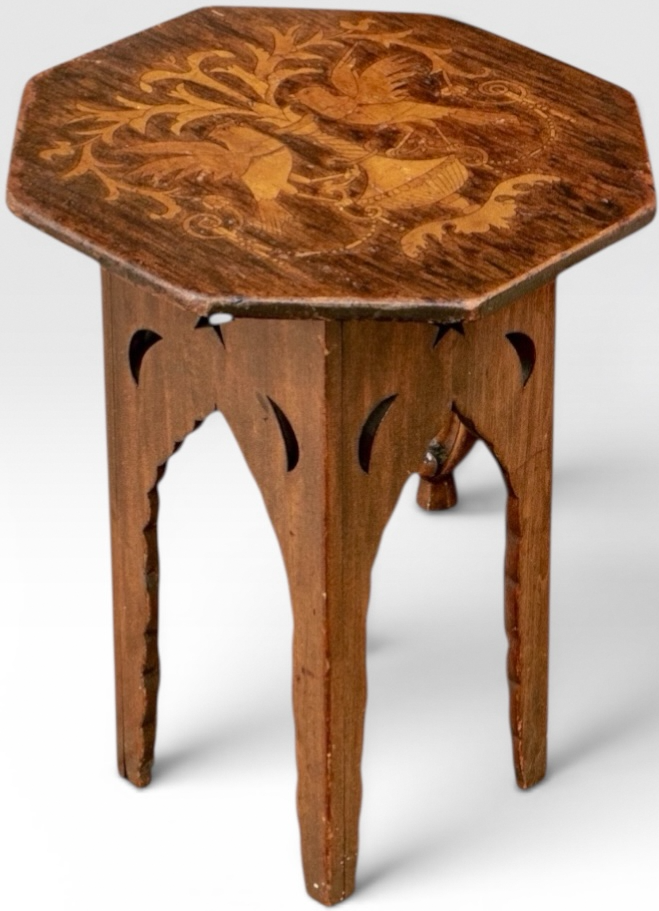 Vintage Moroccan Anglo Indian Marquetry Bird Octagonal Inlay Wood Drink Table