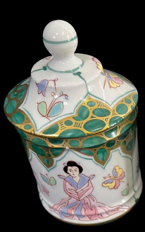 Vintage Sherle Wagner Italian Hand-Painted Chinoiserie 4-Piece Vanity Set - Malachite Green & 24K Gold - Rare Recessed TP Holder