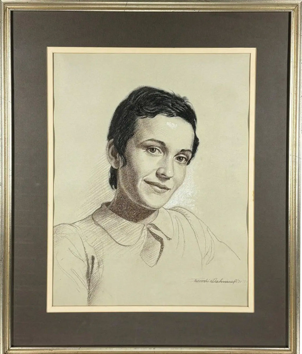 Woodi Ishmael Signed 1971 Charcoal and Pastel Portrait of a Woman
