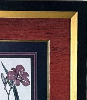 Vintage Framed Stylized Red Lily Botanical Lithograph Prints Pair