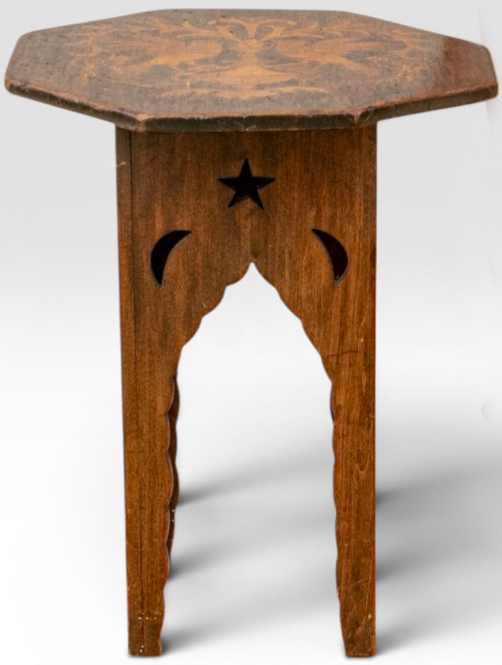 Vintage Moroccan Anglo Indian Marquetry Bird Octagonal Inlay Wood Drink Table