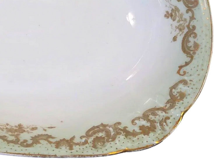 Antique Elite Works Limoges 10" Oval Serving Bowl - Gilded Scrolls & Celadon Dot Border