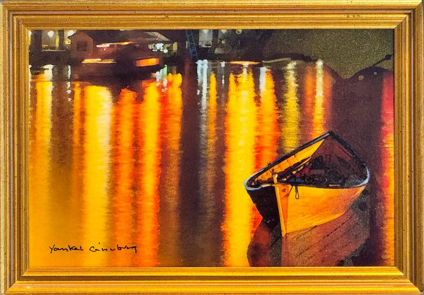 Yankel Ginzburg Original Signed Mixed Media Painting - Study for Shore Lights - Luminous Nautical Harbor Scene