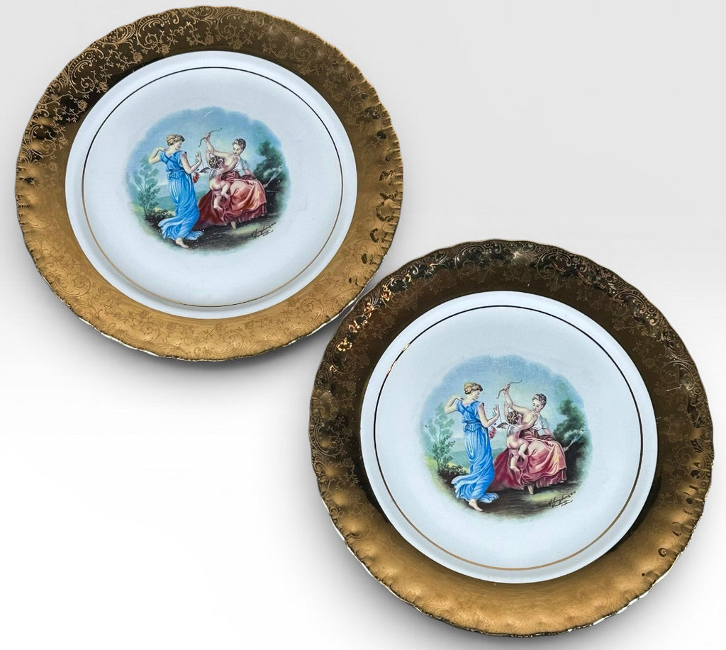 Vintage Manhattan Ware Crest of Gold Romantic Mythological Pastoral Scene Plates Set of Eight