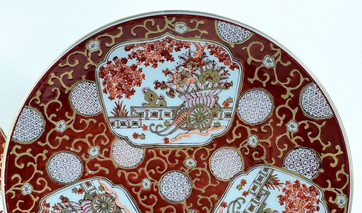 Stunning Vintage Japanese Imari "Rickshaw" Porcelain Charger Plates - Set of Three