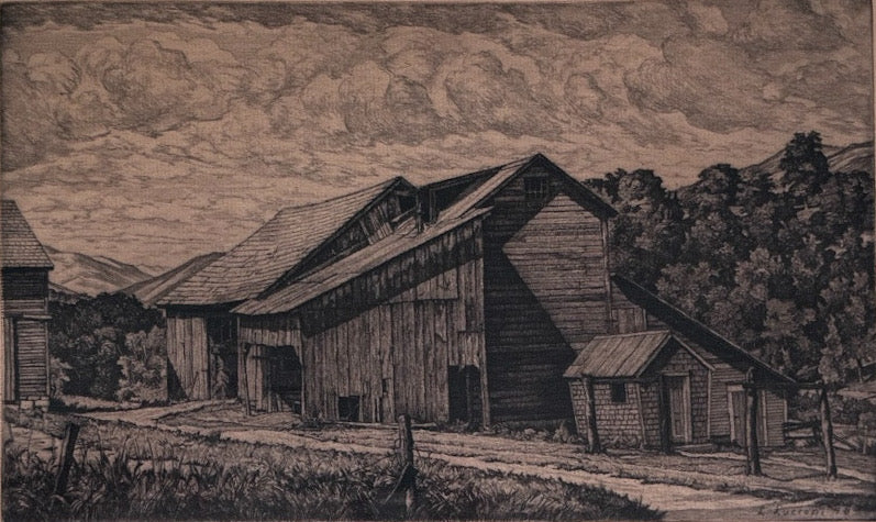 Vintage Luigi Lucioni Hand-Signed Fine Art Etching New England Regionalist Landscape Weathered Vermont Barn Custom Framed