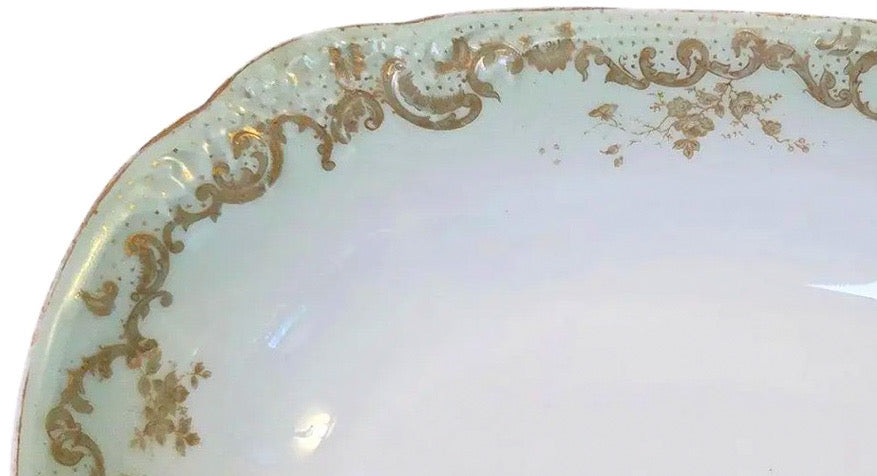 Antique Elite Works Limoges 10" Oval Serving Bowl - Gilded Scrolls & Celadon Dot Border