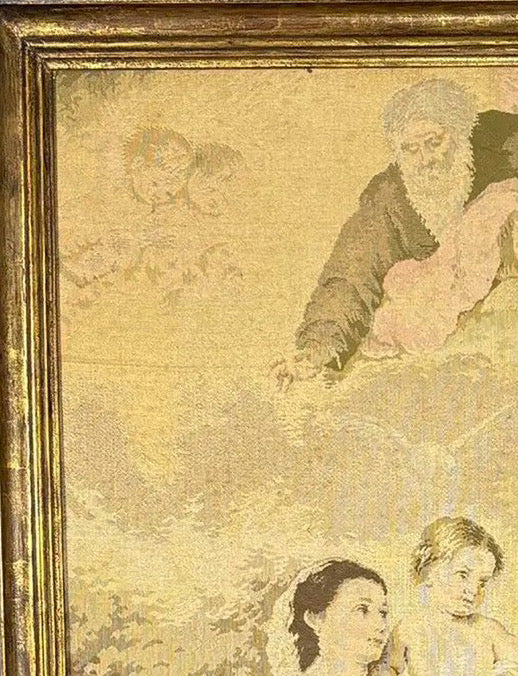 Large Vintage Woven Tapestry "The Holy Family with a Little Bird" After Murillo
