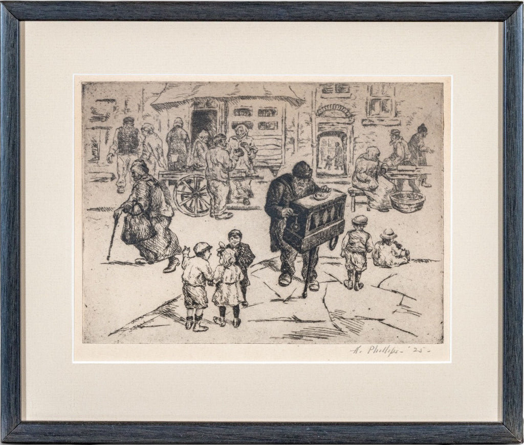 Abraham Phillips Signed Etching Organ Grinder Street Scene 1925