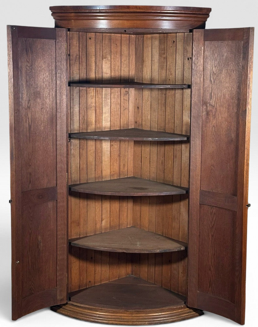 Antique Nineteenth Century American Country Pine Curved Bow Front Corner Cupboard Cabinet
