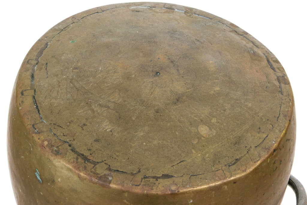 Antique 19th Century Dovetailed Spun Brass and Iron Hearth Cauldron Preserving Kettle