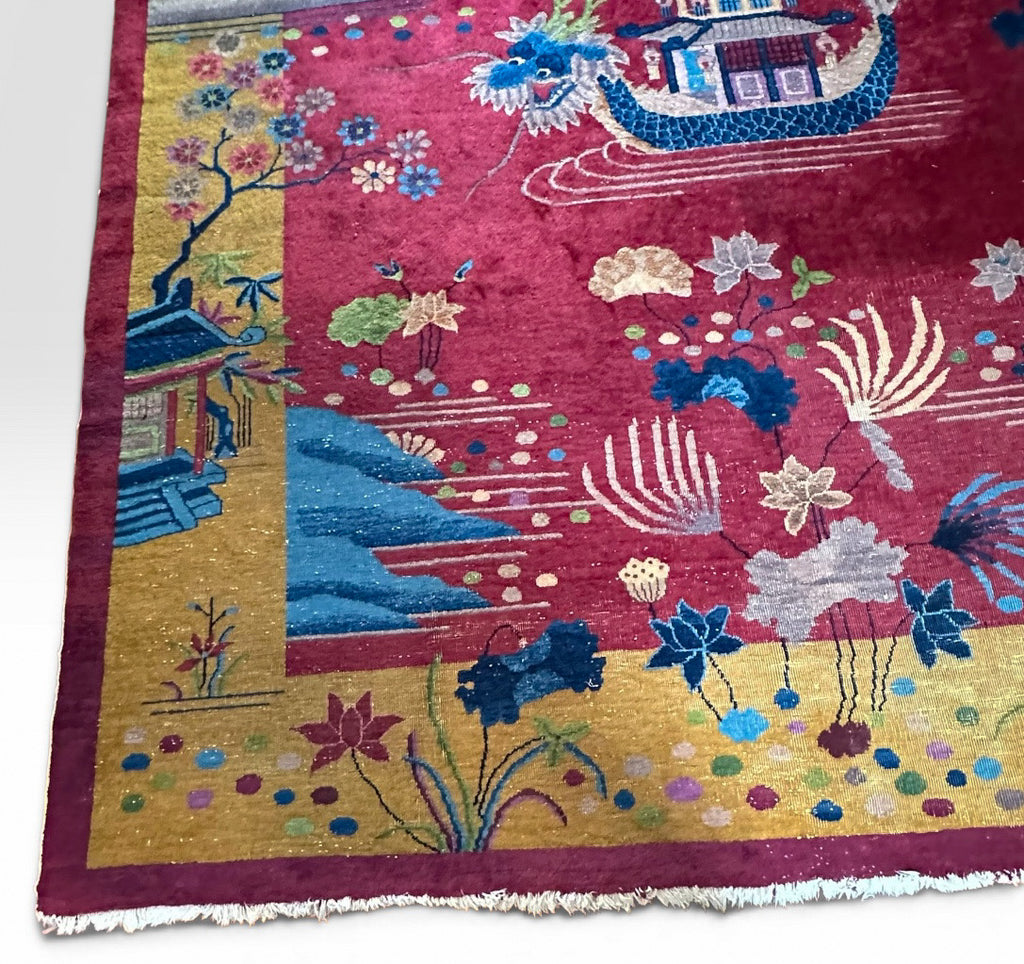 Antique 1920s Chinese Art Deco Pictorial Room Size Rug With Dragon Boat and Pagoda Motif