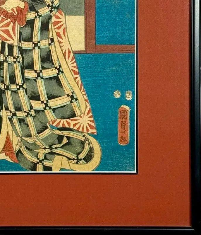 Rare Signed 19th C. Utagawa Kunisada Japanese Woodblock Print, Toyokuni III Ukiyo-e Art, Checkered Kimono Portrait, Antique Edo Period Asian Decor