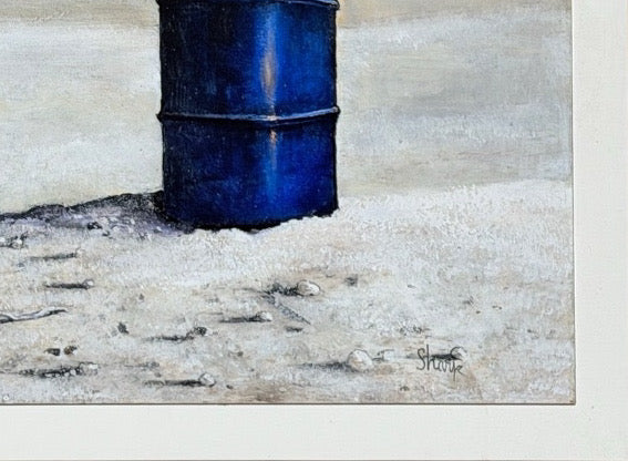 Original 1970s Pacific Northwest Oil on Board Painting Crow on Blue Drum by William Bill Sharp