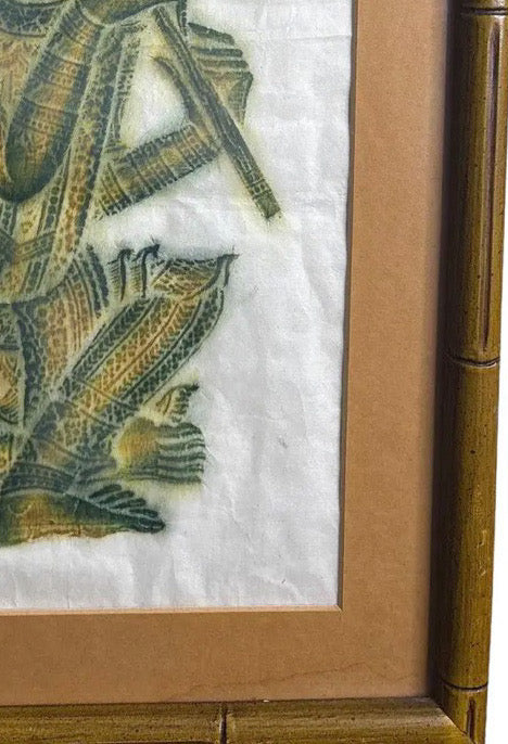 Vintage Thai Temple Rubbing of Celestial Musician in Green & Gold