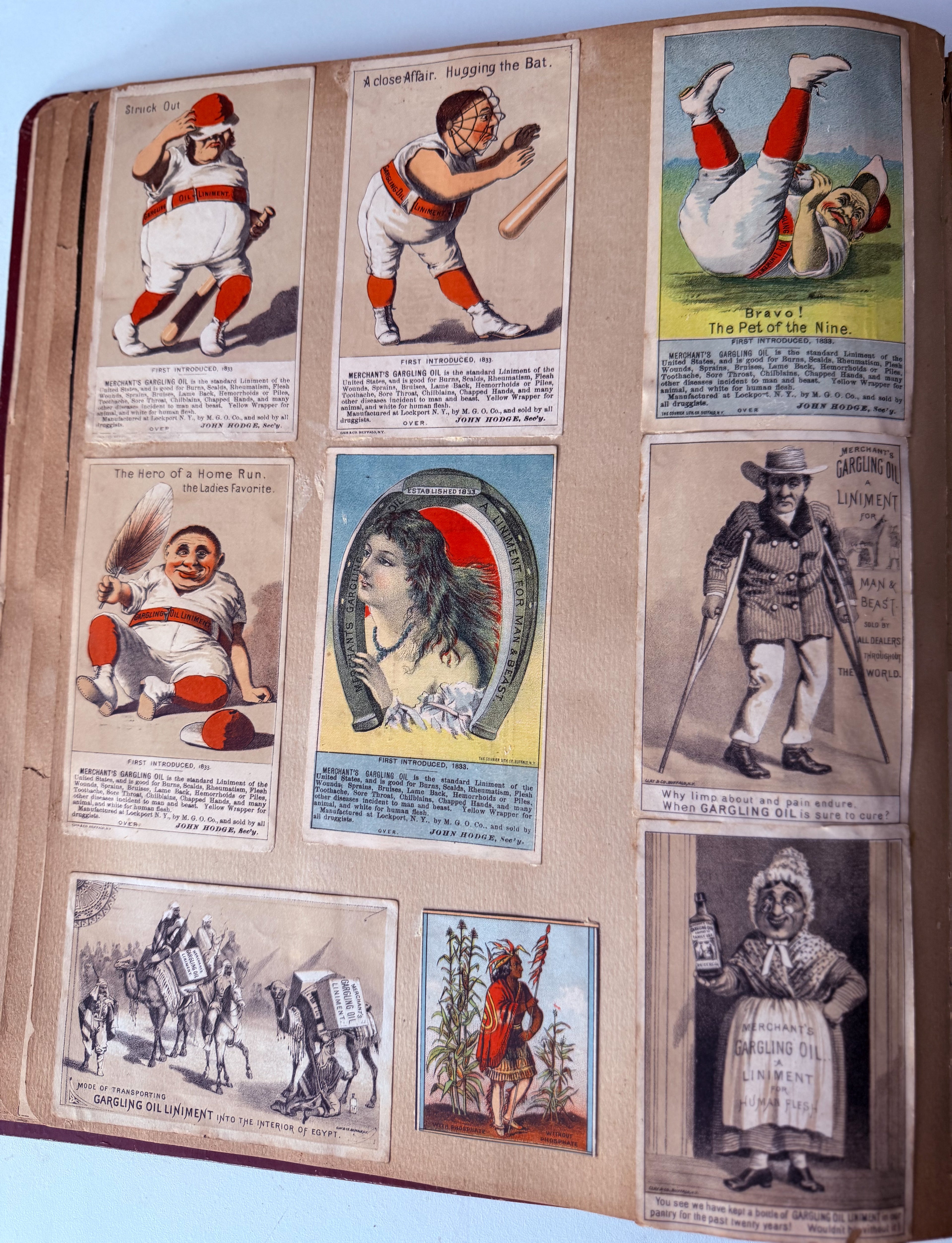 Rare 1880s Victorian Trade Card Album - Merchant’s Gargling Oil BASEBALL Set - Black Americana - Patent Medicine - Peacock Cover