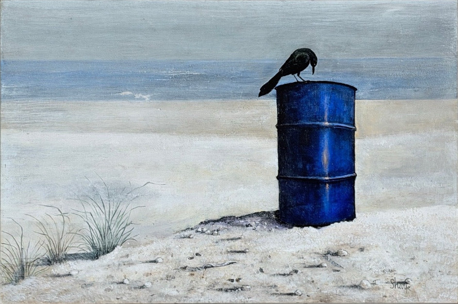Original 1970s Pacific Northwest Oil on Board Painting Crow on Blue Drum by William Bill Sharp