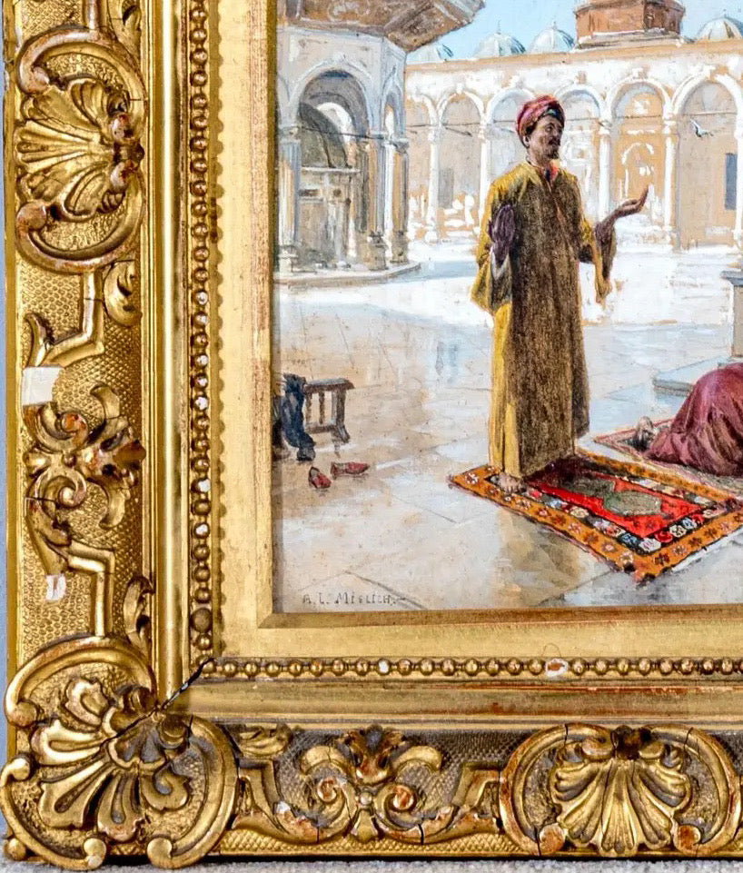 Antique 19th Century Orientalist Gouache Painting - Prayer at the Alabaster Mosque, Cairo - Signed Alphons Mielich