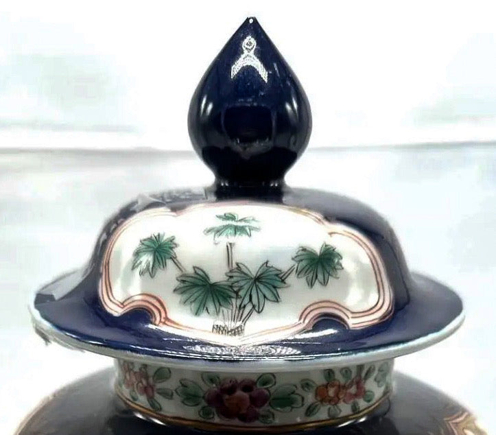 14 Inch Signed 19th C. Samson of Paris Porcelain Ginger Jar with Lid, Antique Powder Blue and Famille Rose Vase, Chinoiserie Mantel Decor