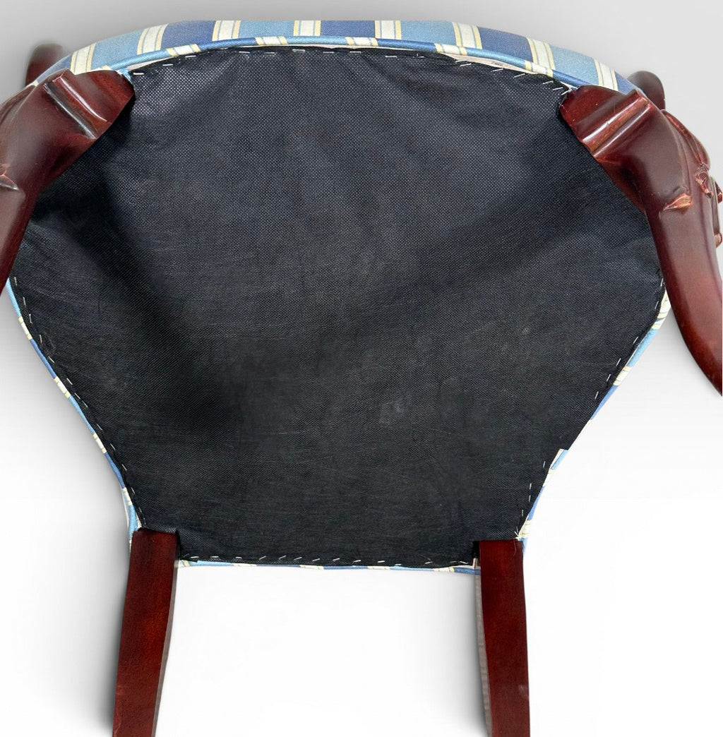 Pair of Vintage Upholstered Queen Anne Style Striped Armchairs With Shell Carving