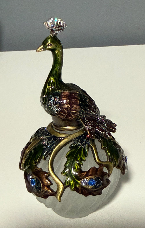 2006 Fitz and Floyd Guild Jeweled Peacock Perfume Bottle Frosted Glass