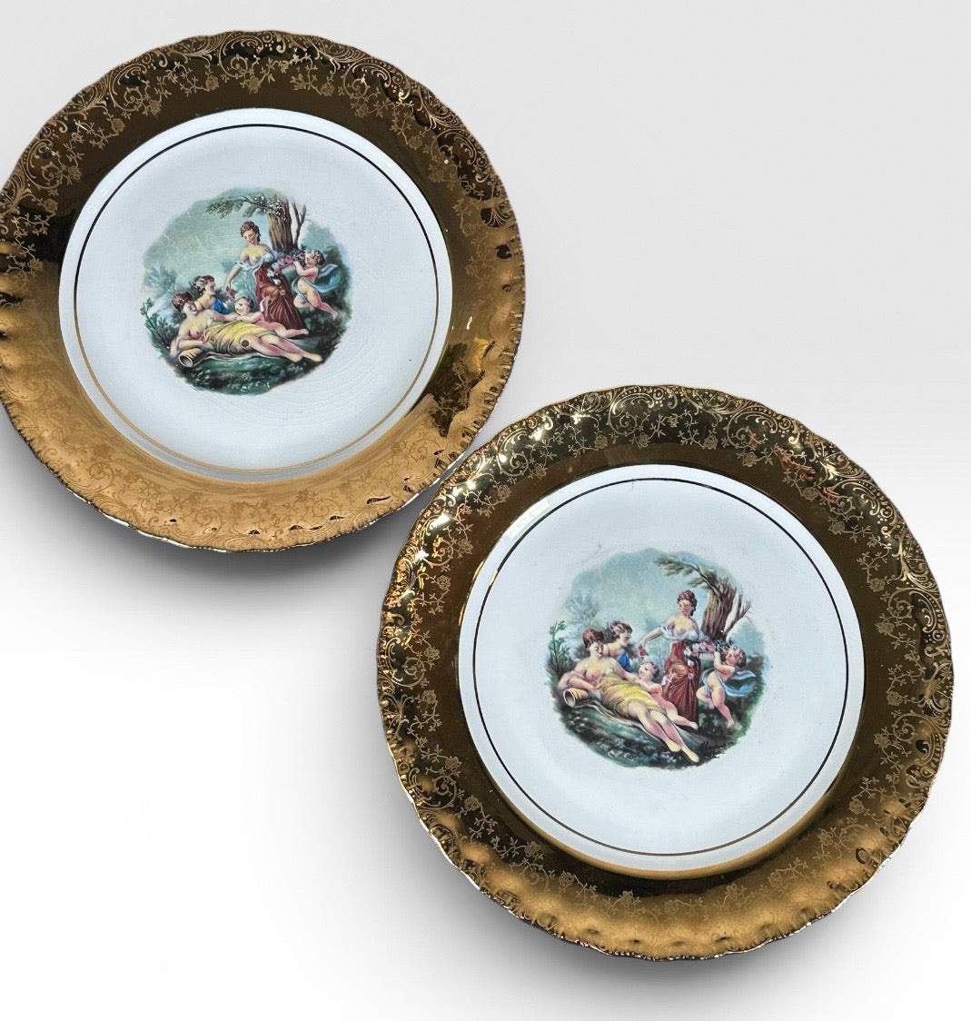 Vintage Manhattan Ware Crest of Gold Romantic Mythological Pastoral Scene Plates Set of Eight