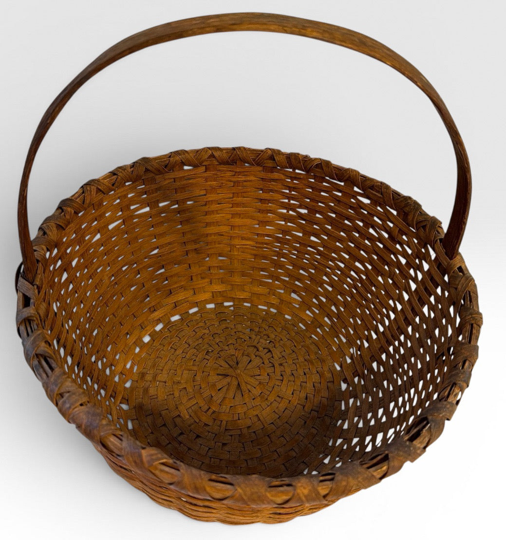 Large Antique American Split Hickory Gathering Basket With Bentwood Handle