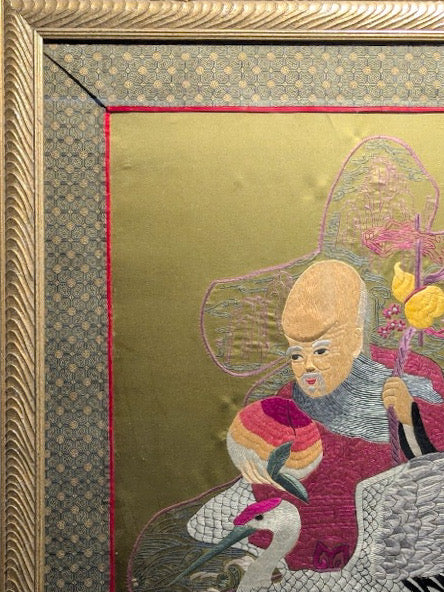 Large Vintage Chinese Silk Embroidery God Of Longevity Shou Lao On Crane