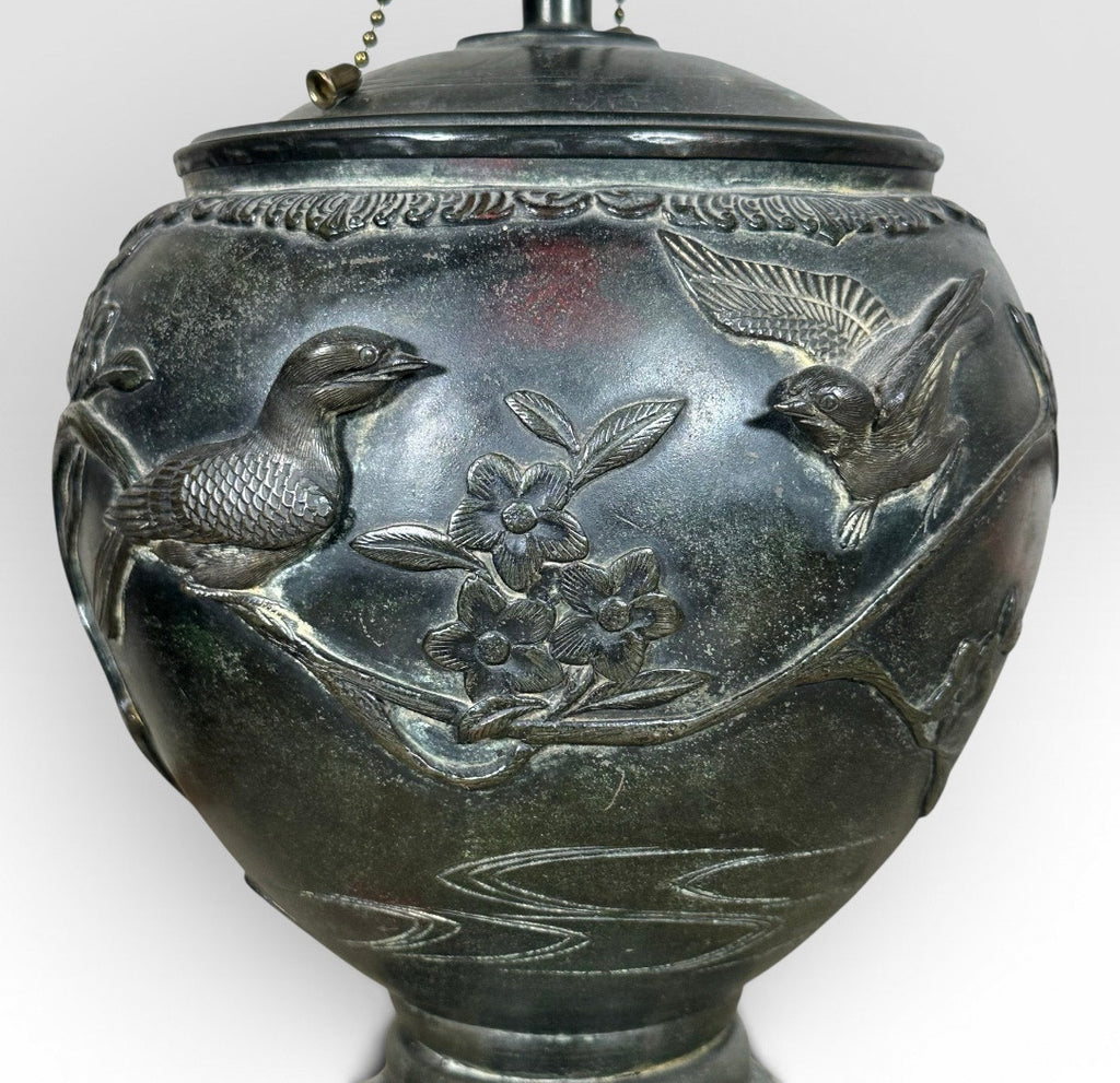 Antique Japanese Meiji Period Patinated Bronze Vase Table Lamp With High Relief Bird And Flower Silk Pagoda Shade