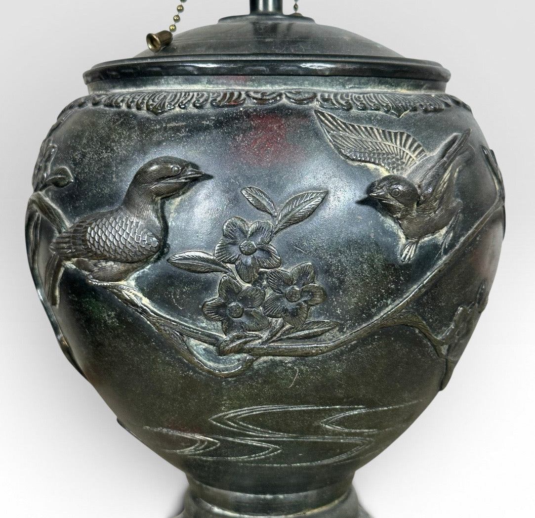 Antique Japanese Meiji Period Patinated Bronze Vase Table Lamp With High Relief Bird And Flower Silk Pagoda Shade