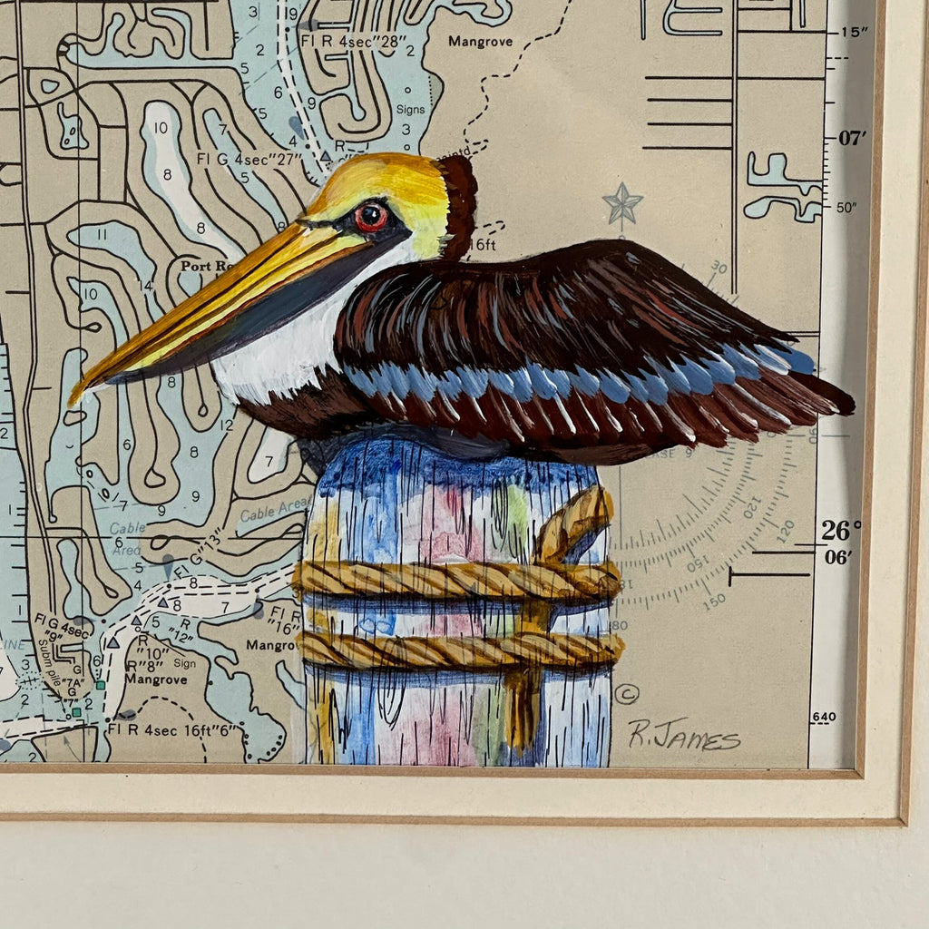 Vintage Ruth James Hand-Painted Pelican and Naples, Florida, Nautical Map Art