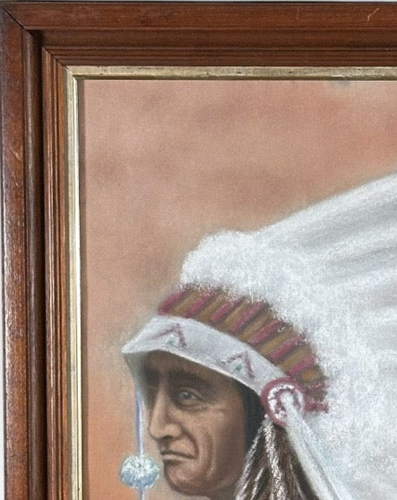 Original Vintage 1978 Western Fine Art Native American Indian Chief Red Cloud Framed Pastel Portrait Drawing