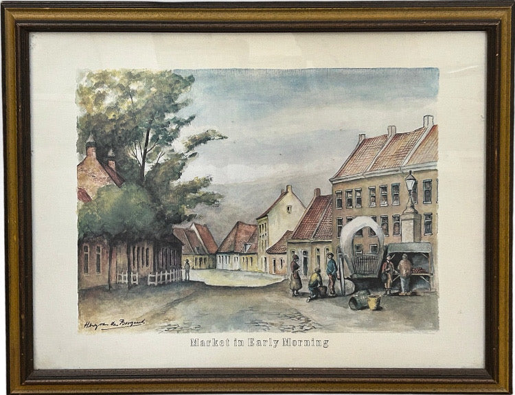 Vintage Framed European Market Street Scene Print by Henry Van Den Bogaard