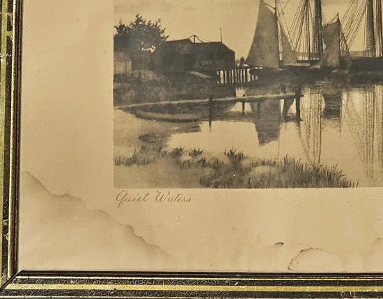 Antique Nineteenth Century Nautical Lithograph Quiet Waters by C. H. Harris Framed