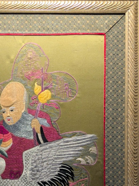 Large Vintage Chinese Silk Embroidery God Of Longevity Shou Lao On Crane