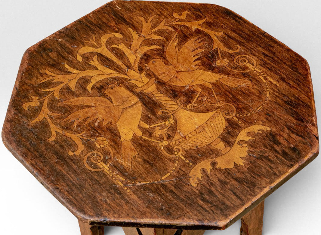 Vintage Moroccan Anglo Indian Marquetry Bird Octagonal Inlay Wood Drink Table