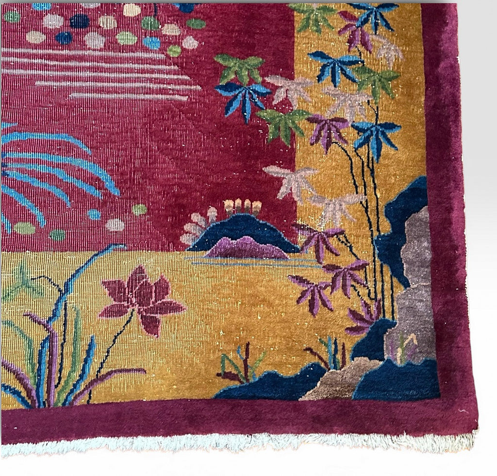 Antique 1920s Chinese Art Deco Pictorial Room Size Rug With Dragon Boat and Pagoda Motif