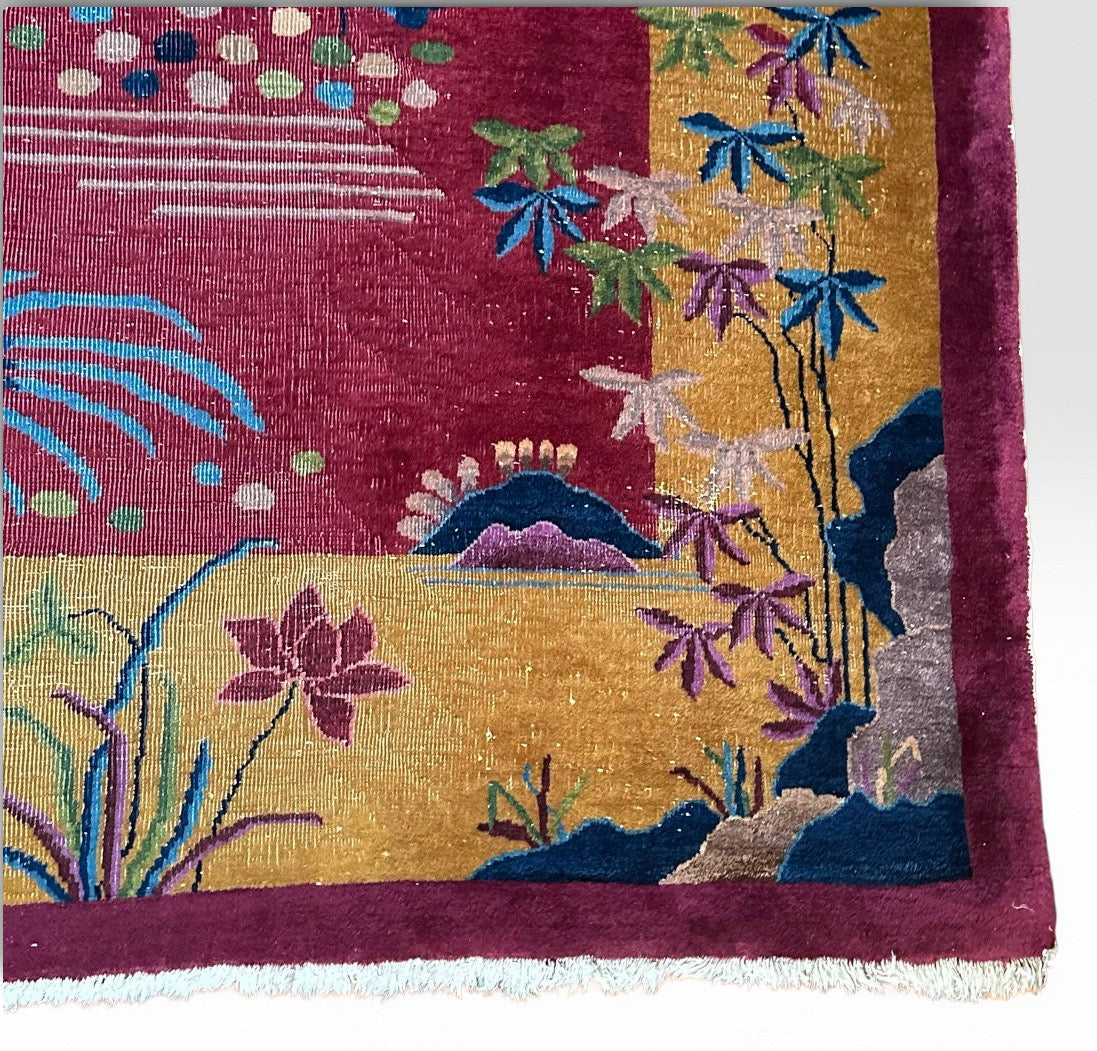 Antique 1920s Chinese Art Deco Pictorial Room Size Rug With Dragon Boat and Pagoda Motif